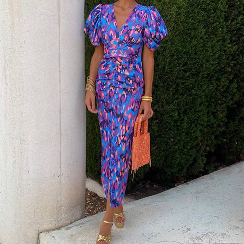 Women's Colorblock Print Short Sleeve Midi Dress