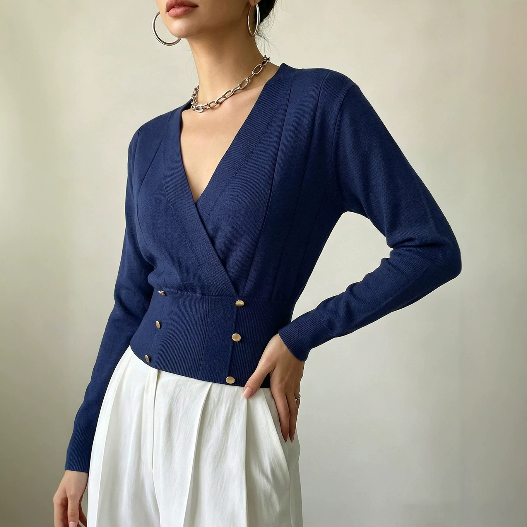 Women's Long Sleeve Knit Top with Metal Button Cross V-Neck Slim Fit