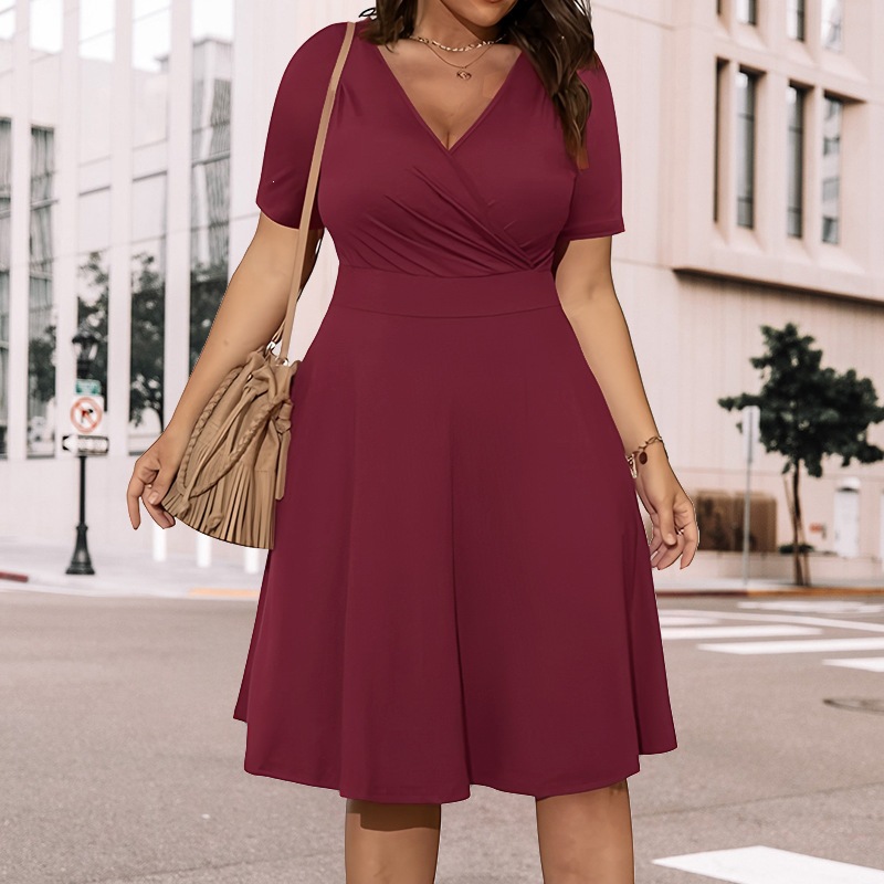 Women's V-Neck Pleated Midi Dress Short Sleeve Solid Color