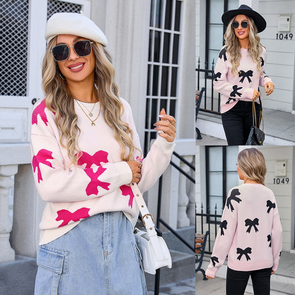 Bow Detail Crewneck Pullover Knit Sweater