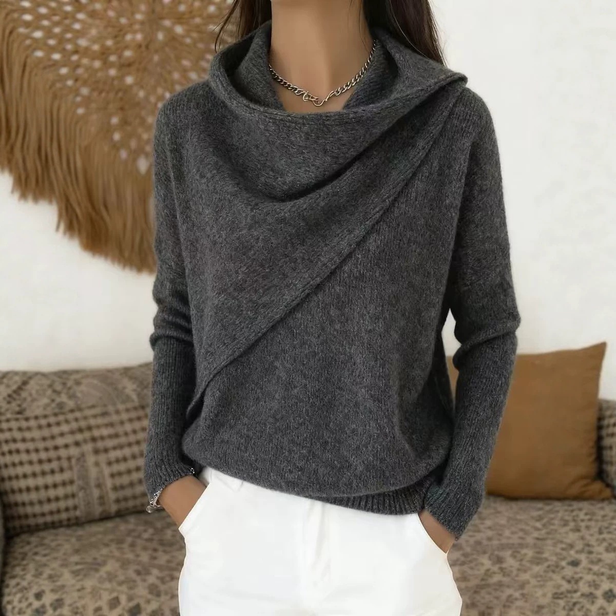 Women's Crewneck Knit Pullover Sweater Casual Loose Solid Color