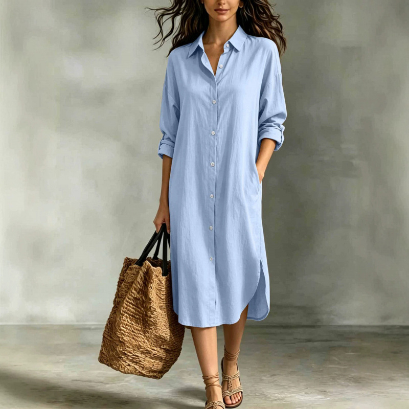 Women's Loose Cotton-Linen Shirt Dress with Pockets