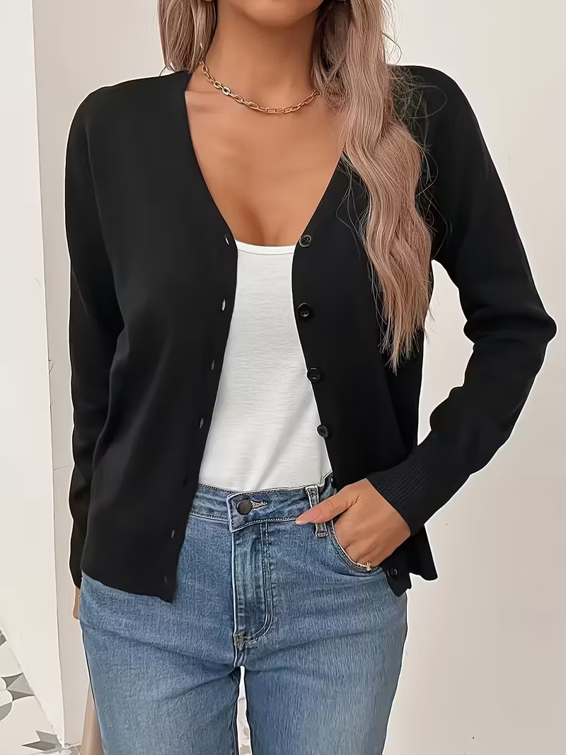 Women's Solid V-Neck Button-Front Knit Cardigan