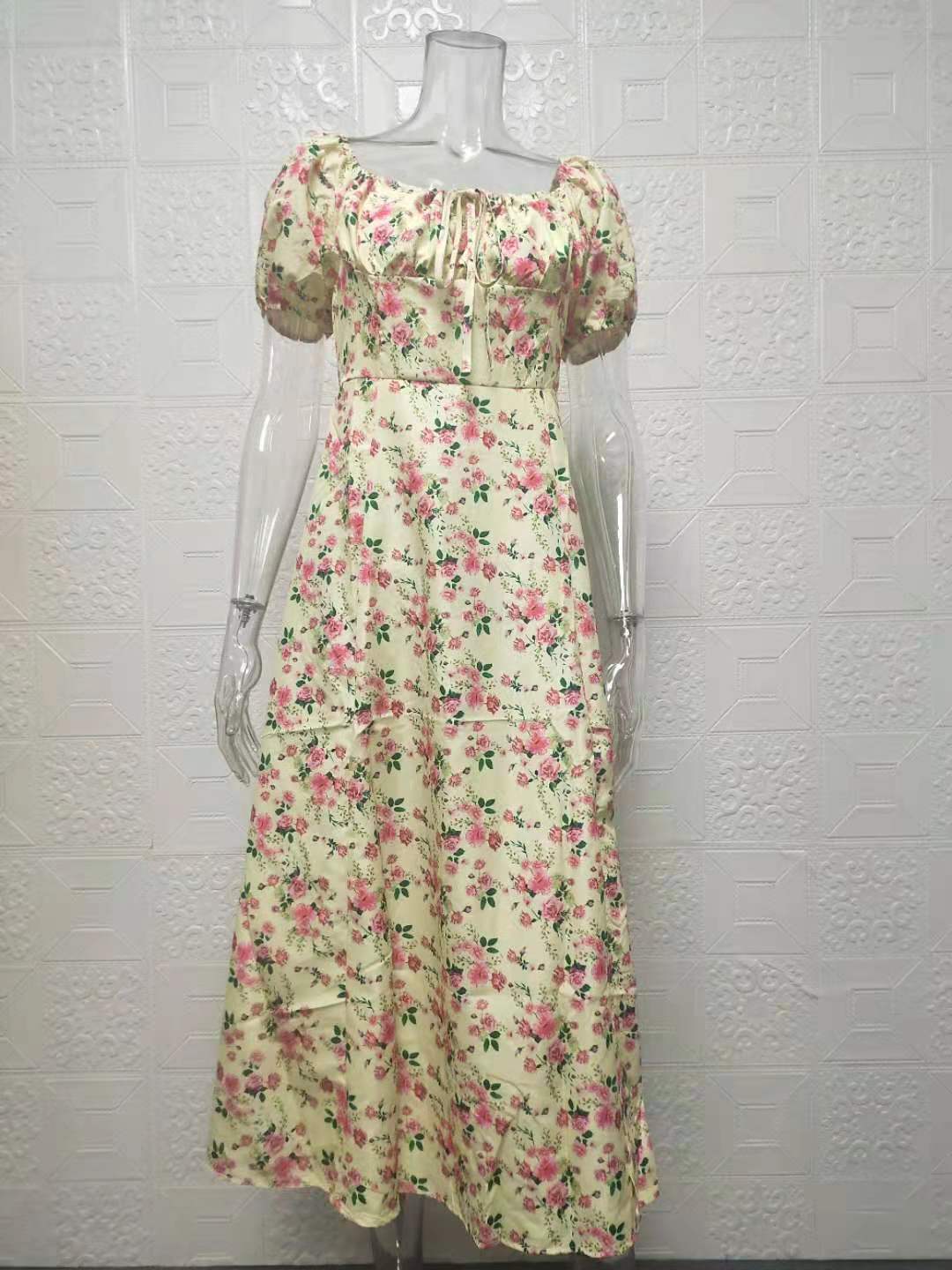 Floral Square-Neck Tie-Back Midi Dress with Slit and Ruching