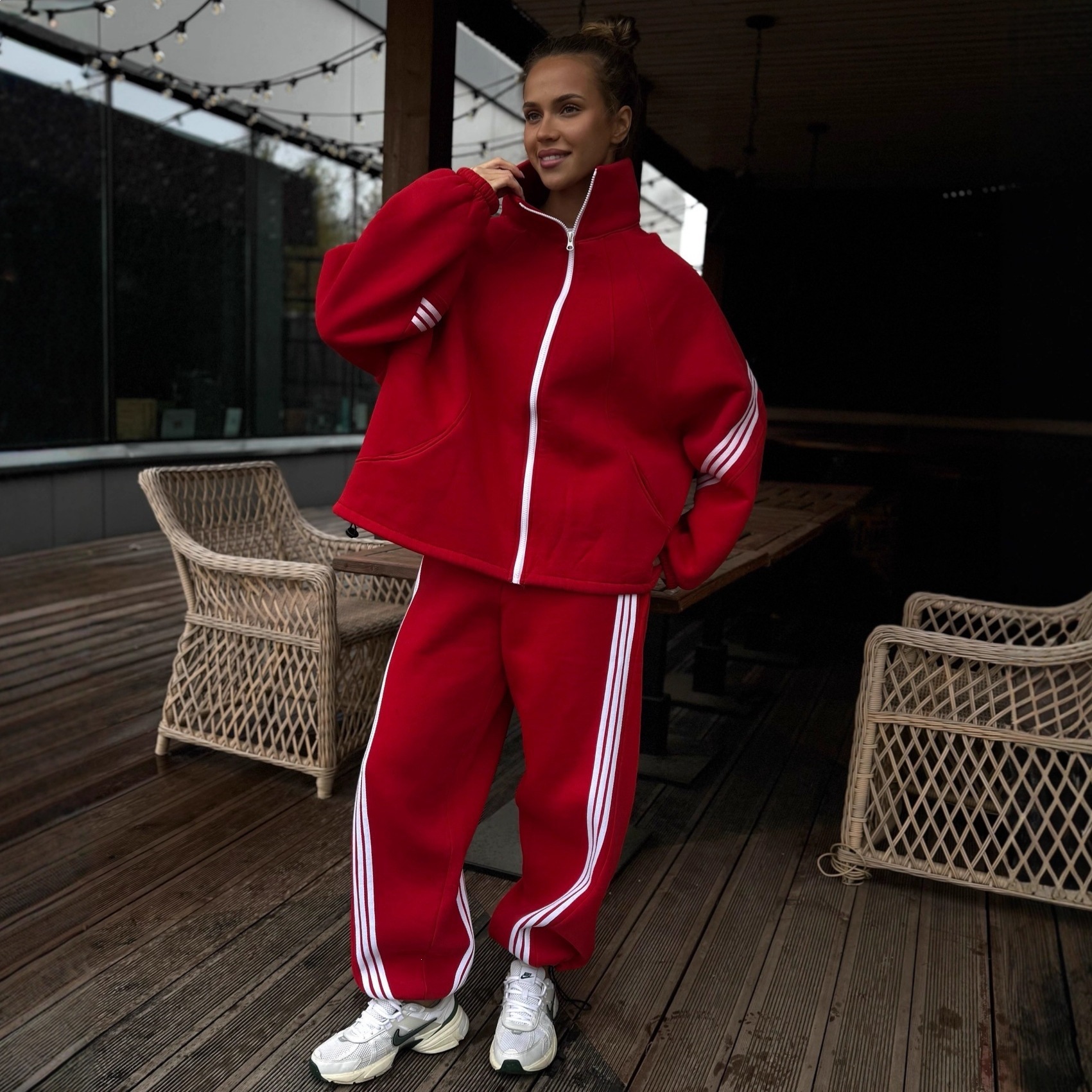 Striped Color-Block Stand-Collar Jacket & Elastic-Waist Pants Set