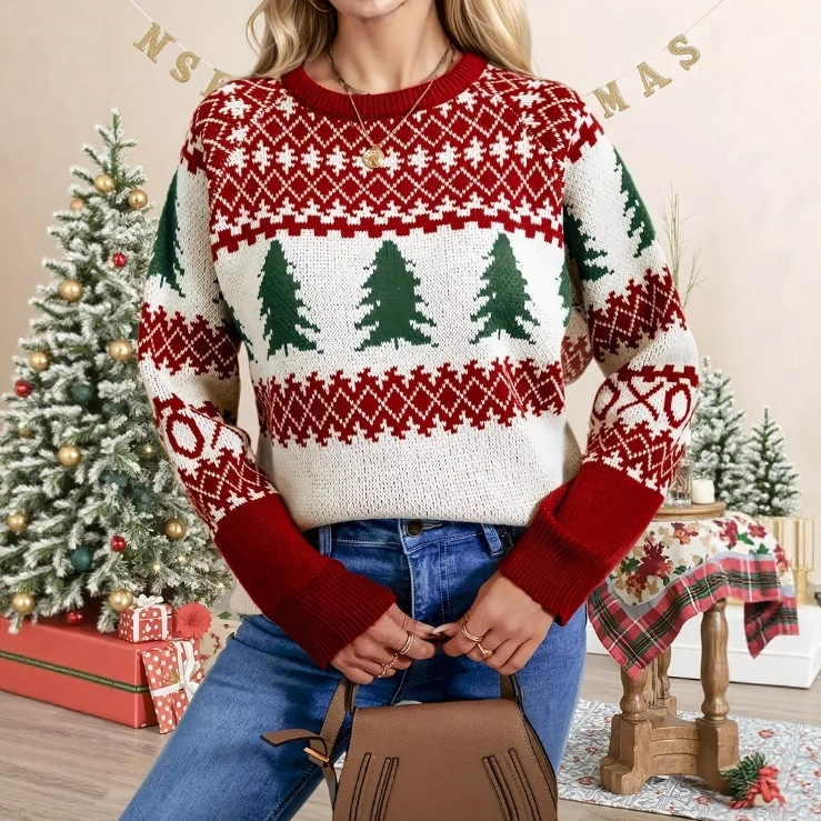 Women's Christmas Tree Diamond Pattern Crewneck Long Sleeve Knit Sweater