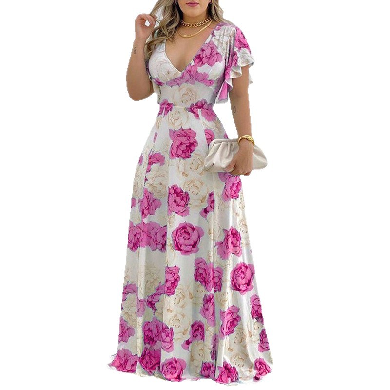 Women's Long Sleeve V-Neck Floral Print High Waist Maxi Dress