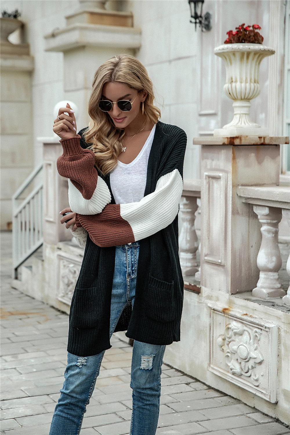 Plus Size Patchwork Hooded Cardigan Sweater