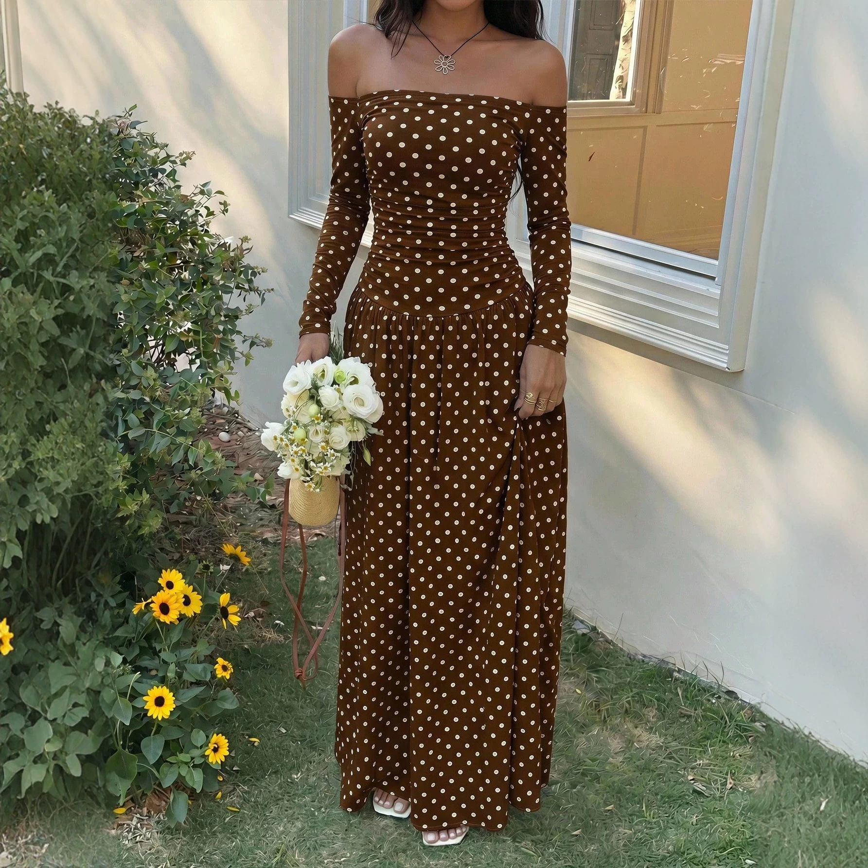 Sexy Off-Shoulder Polka Dot A-Line Dress with Waist-Cinching Silhouette