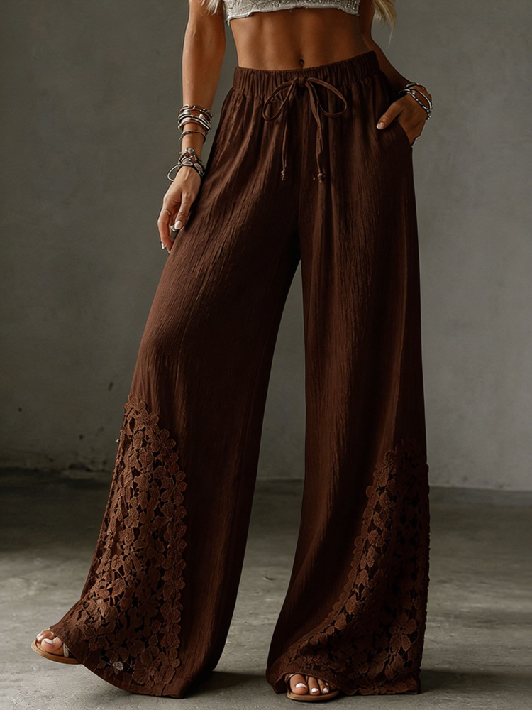 Women's Solid Lace Pocket Drawstring Wide-Leg Pants