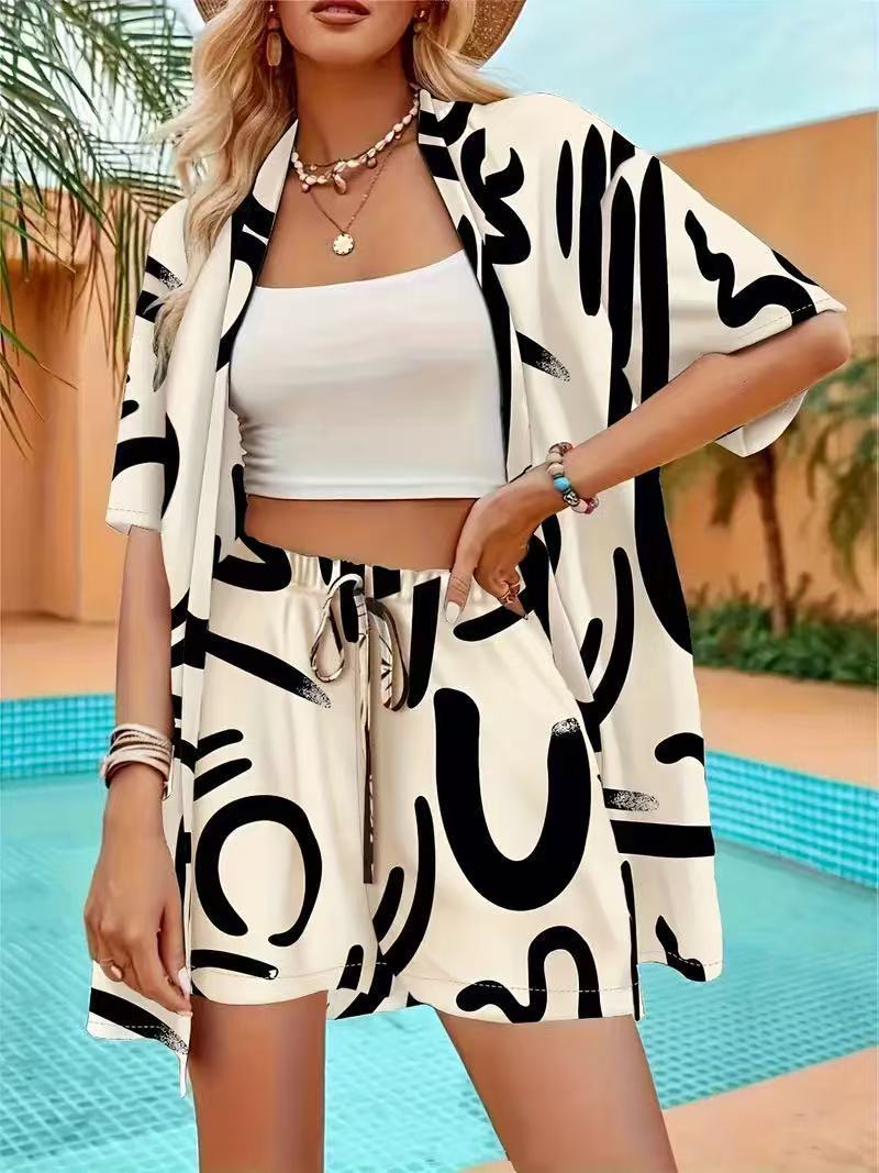 Vacation Print Two-Piece Set: Short Sleeve Tie-Front Shirt & High-Waist Shorts