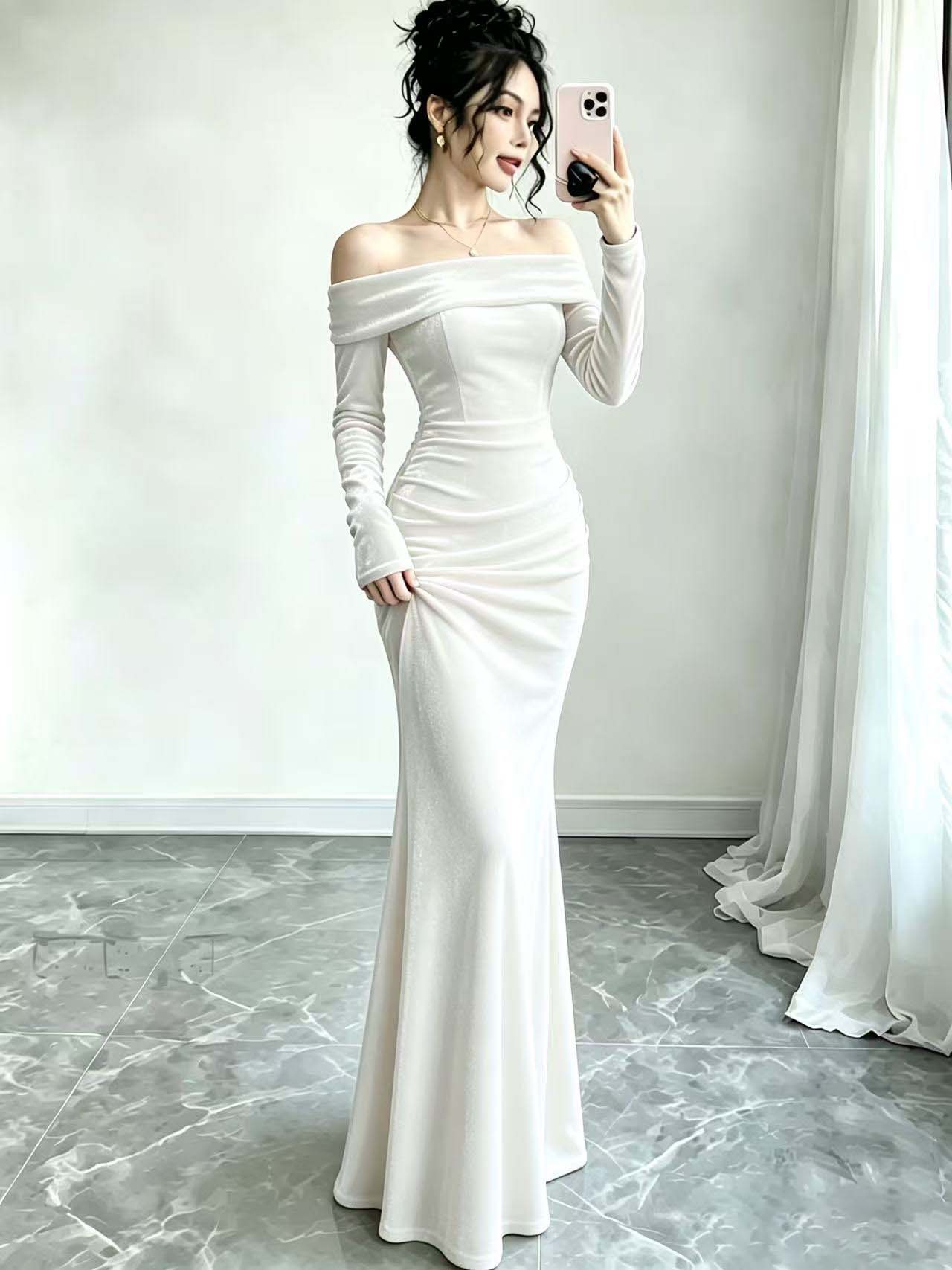 Gold Velvet Off-Shoulder Long Sleeve Bodycon Maxi Dress