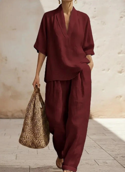 Women's Minimalist Linen Two-Piece Set Casual Solid Color