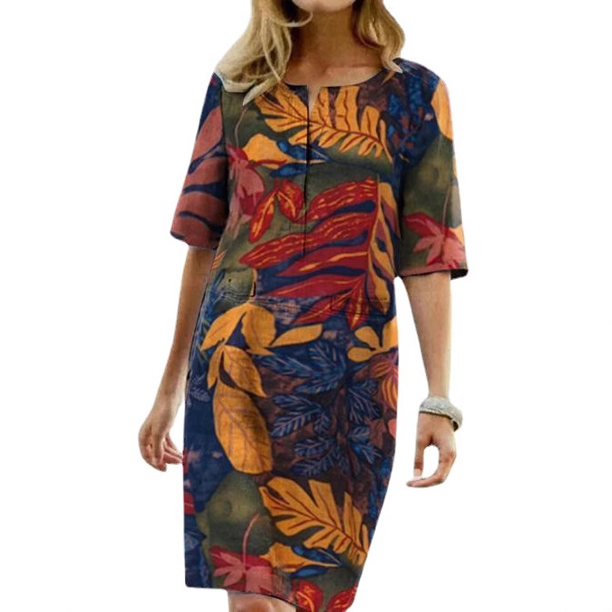 Floral Print Slit Round Neck Short Sleeve Vintage Dress