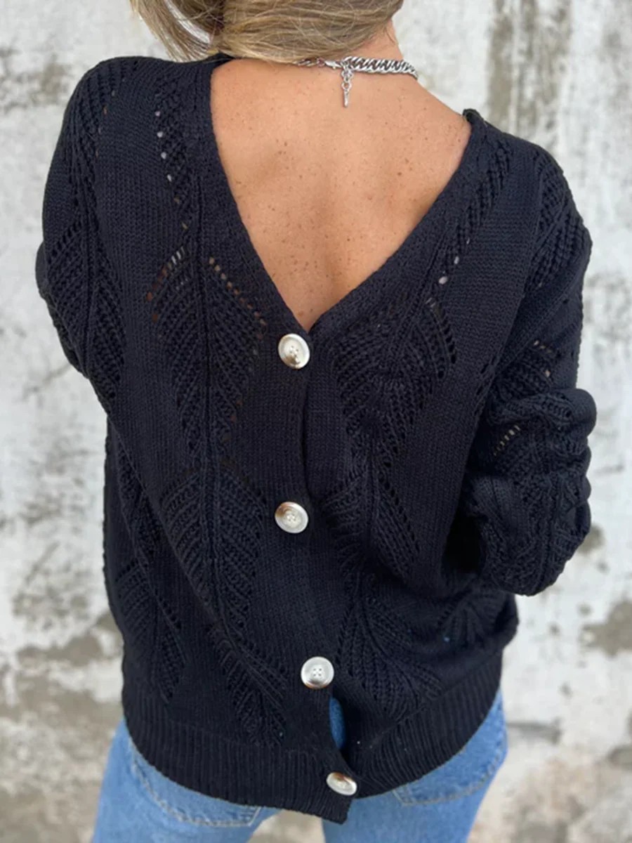 Openwork Leaf V-Neck Long-Sleeve Knit Sweater Women's Loose Double-Sided Wearable