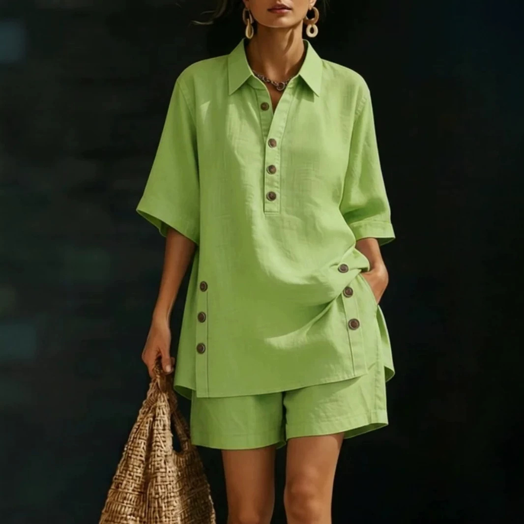 Women's Summer Solid Color Button-Down Shirt and Shorts Set Casual Loose Two-Piece