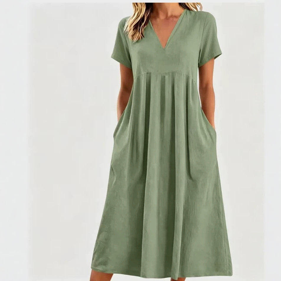 Solid V-Neck Short Sleeve Loose Casual Dress