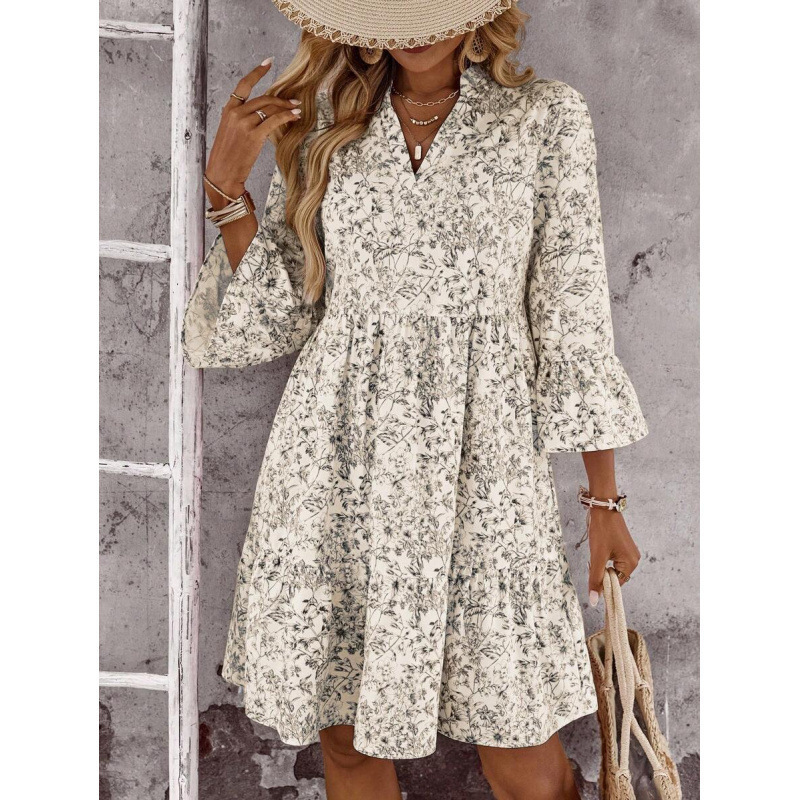Boho V-Neck Midi Dress Floral Print Bell Sleeve A-Line