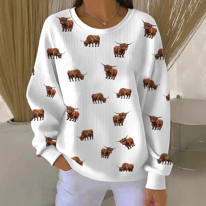 Women's Bull Head Print Crewneck Sweatshirt Casual Pullover