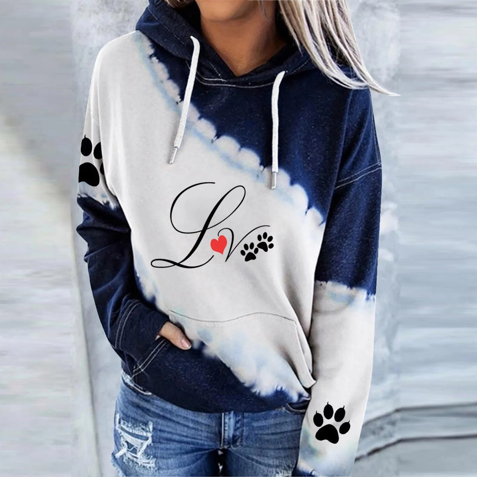 Women's Heart & Animal Paw Print Hooded Sweatshirt