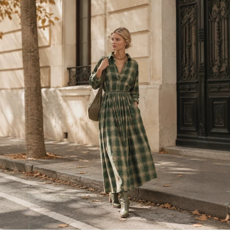 Retro Plaid Long Sleeve High-Waist Maxi Dress with Pockets
