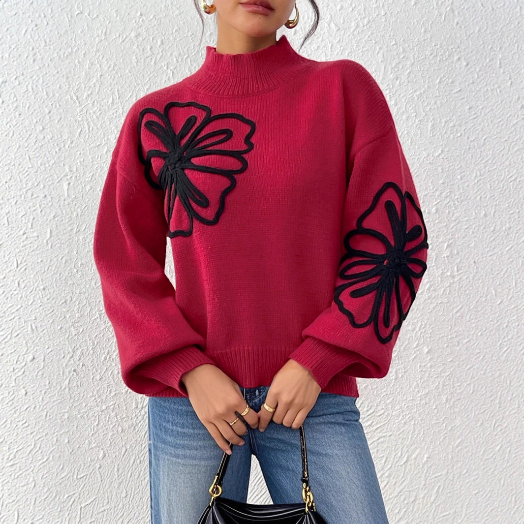 Women's 3D Ribbon Embroidered Floral Mock Neck Lantern Sleeve Pullover Sweater