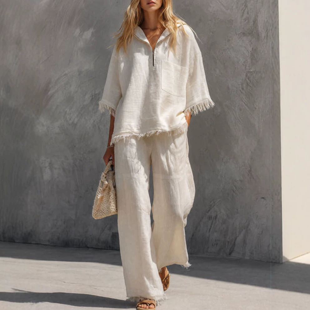 Retro Raw-Edge Fringe Half-Placket Short-Sleeve Top & Wide-Leg Pants Set