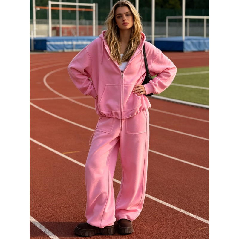 Solid Color Zip-Up Hoodie and Wide-Leg Drawstring Pants Two-Piece Set