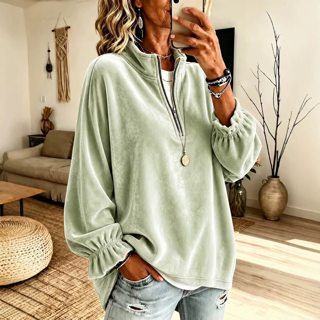 Women's Casual Zip-Up Loose Sweatshirt with Turn-Down Collar