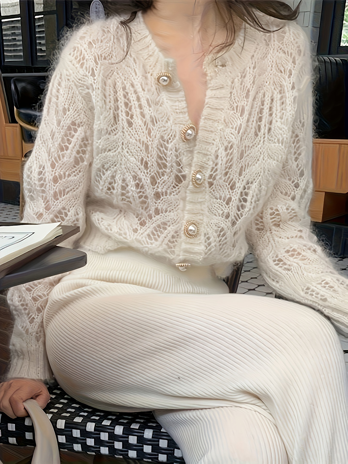 Women's Openwork Cardigan with Pearl Buttons Crew Neck Slim Fit Long Sleeve