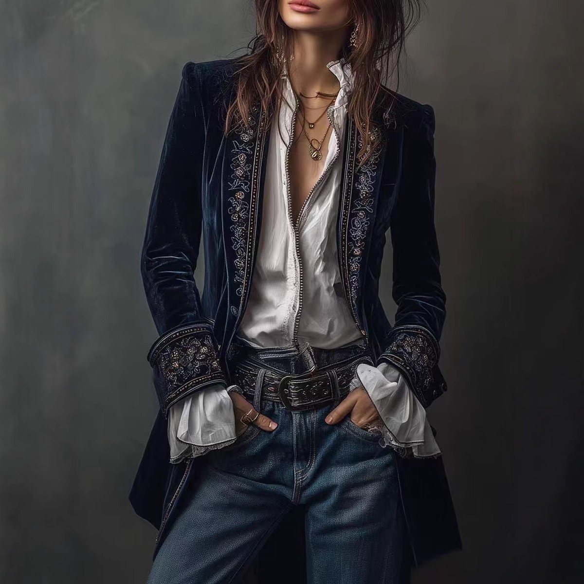 Women's Long Sleeve Velvet Lace-Trim Colorblock Jacket