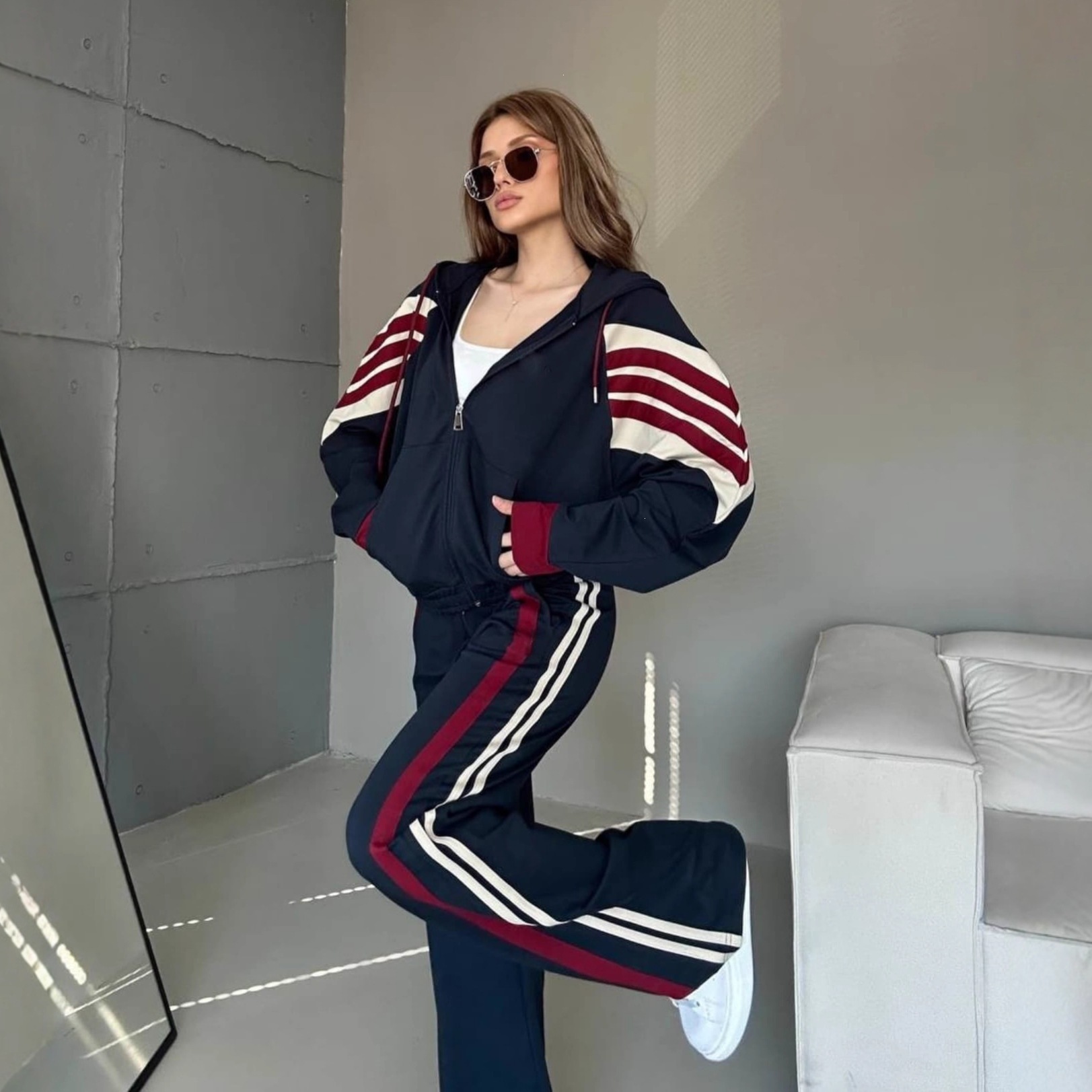 Women's Striped Colorblock Zip Cardigan and Tie Pants Two-Piece Set
