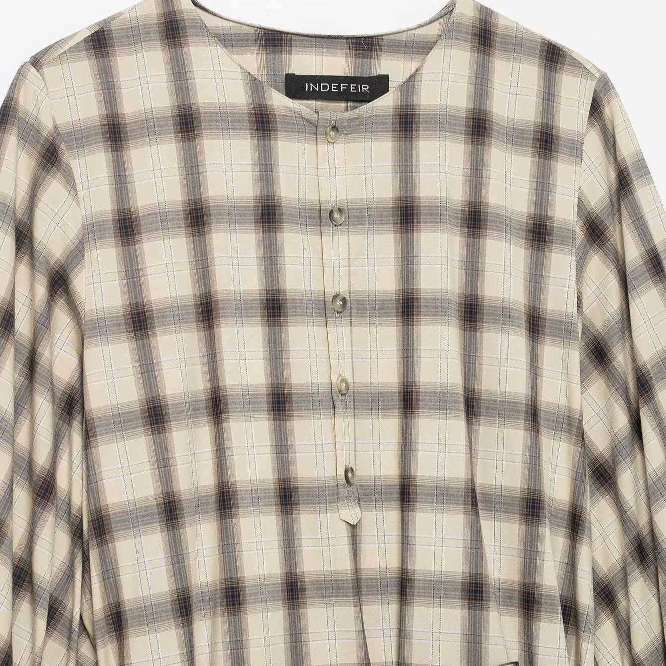 Women's Plaid Round Neck Belted Long Sleeve Dress