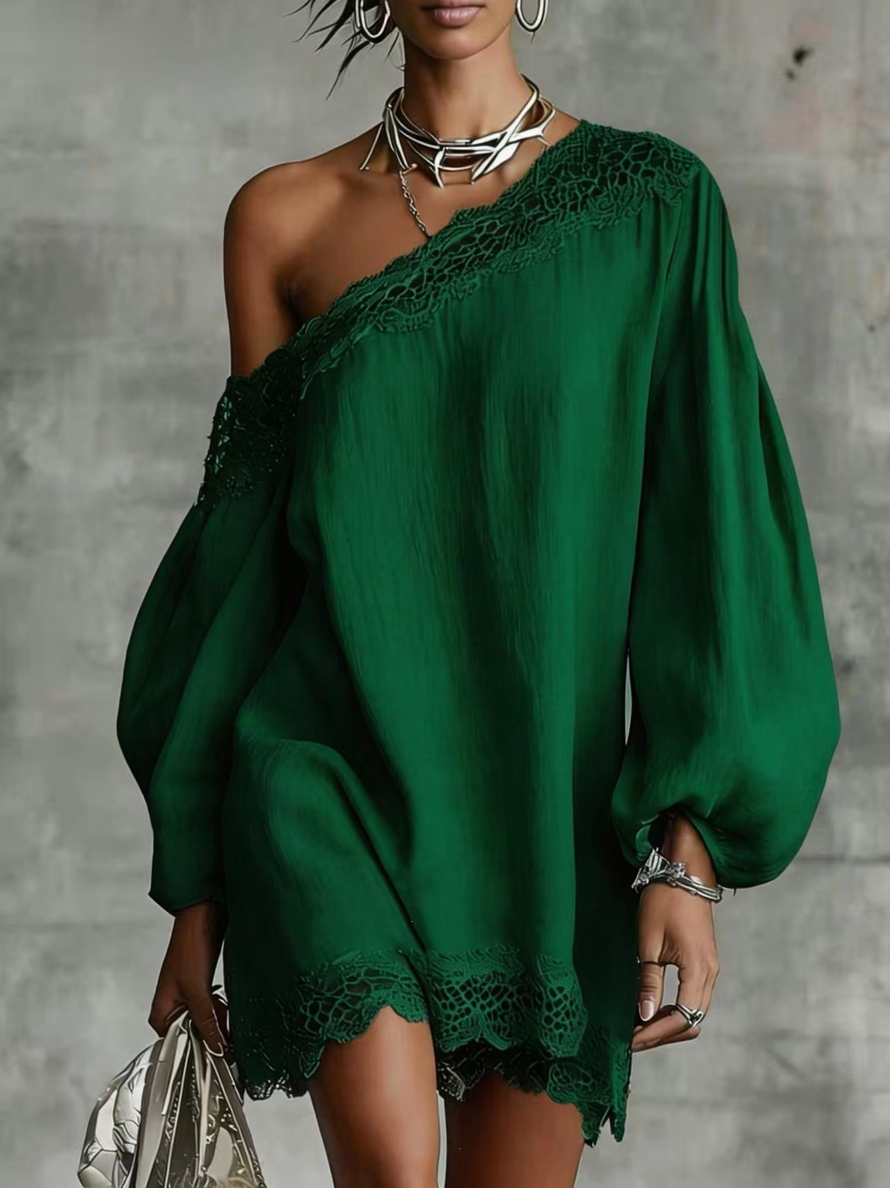 Women's Summer One-Shoulder Long-Sleeve Lace Trim Solid Casual Top