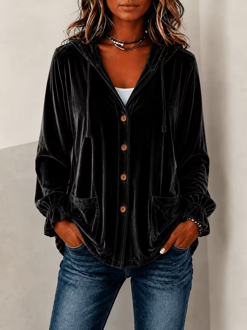 Annuo Self-Developed 2026 European and American Button Velvet Hooded Cardigan Jacket Fall Winter New Cross-Border Solid Color Casual Hooded