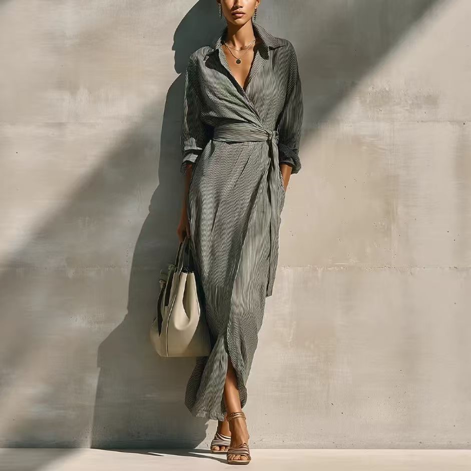 Striped Collared Waist-Tie Long Shirt Dress