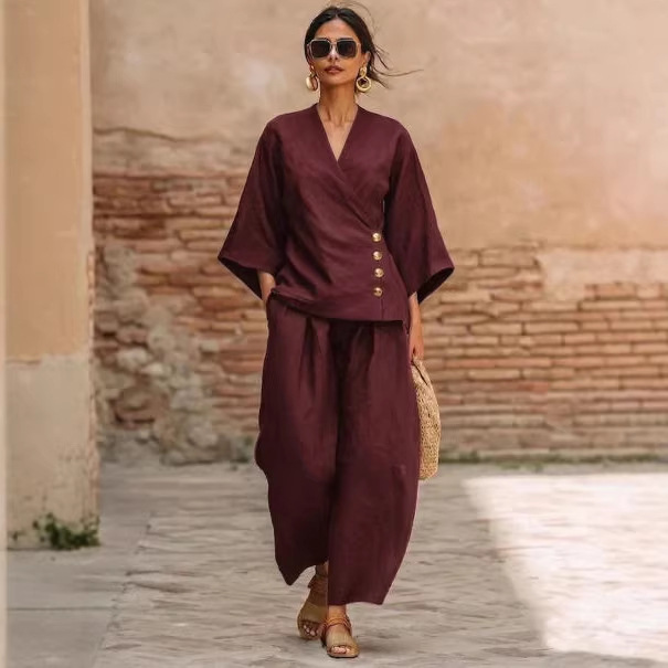 Women's Button Cardigan and Wide-Leg Pants Set