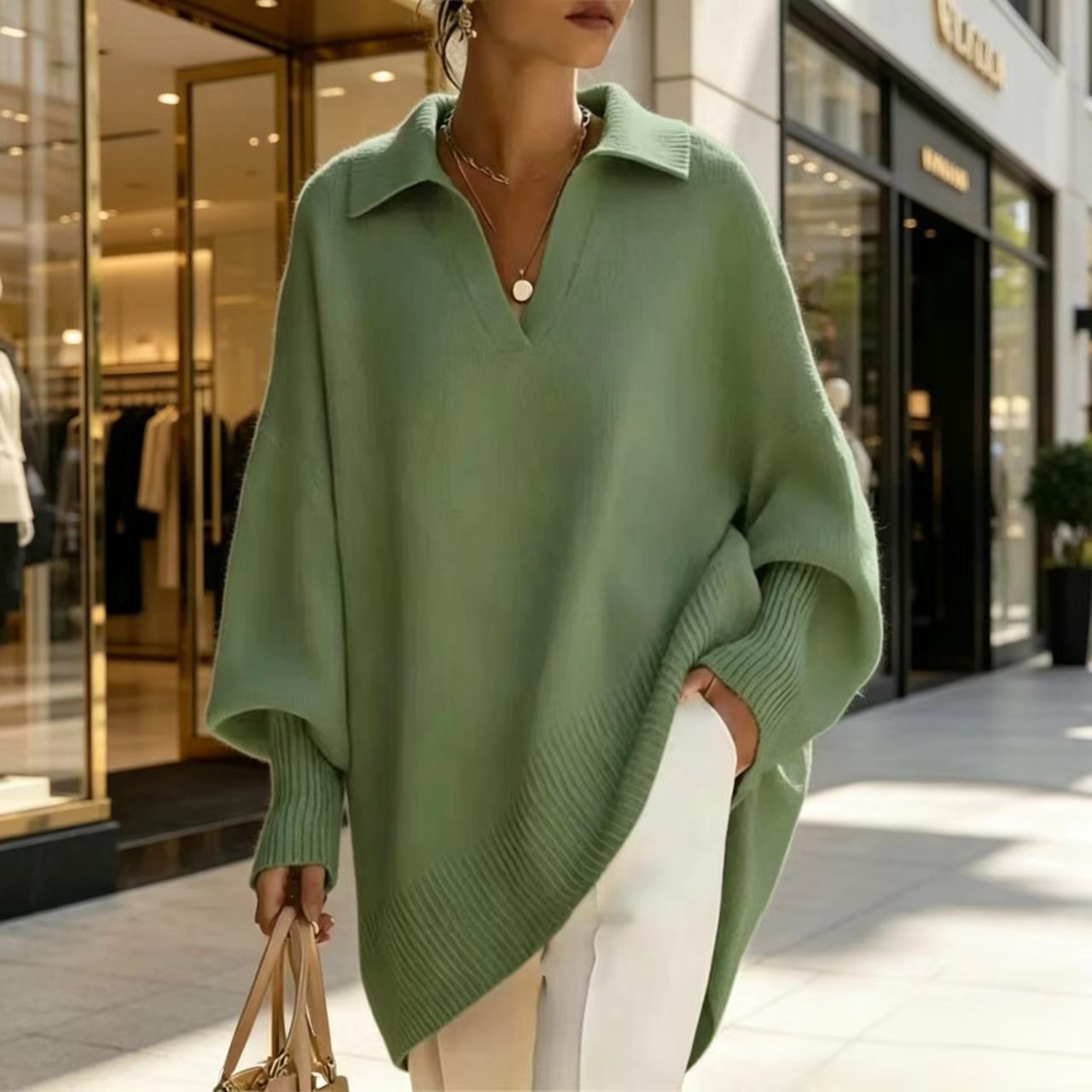 Women's Solid Color Long Sleeve V-Neck Loose Knit Sweater