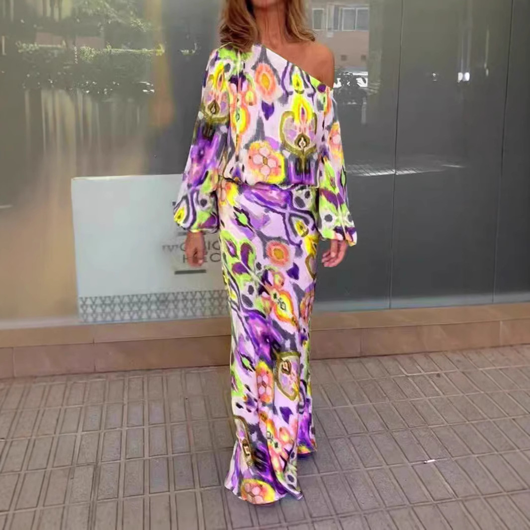 Women's Floral Print Long Sleeve Off-Shoulder Top and Mermaid Maxi Skirt Set