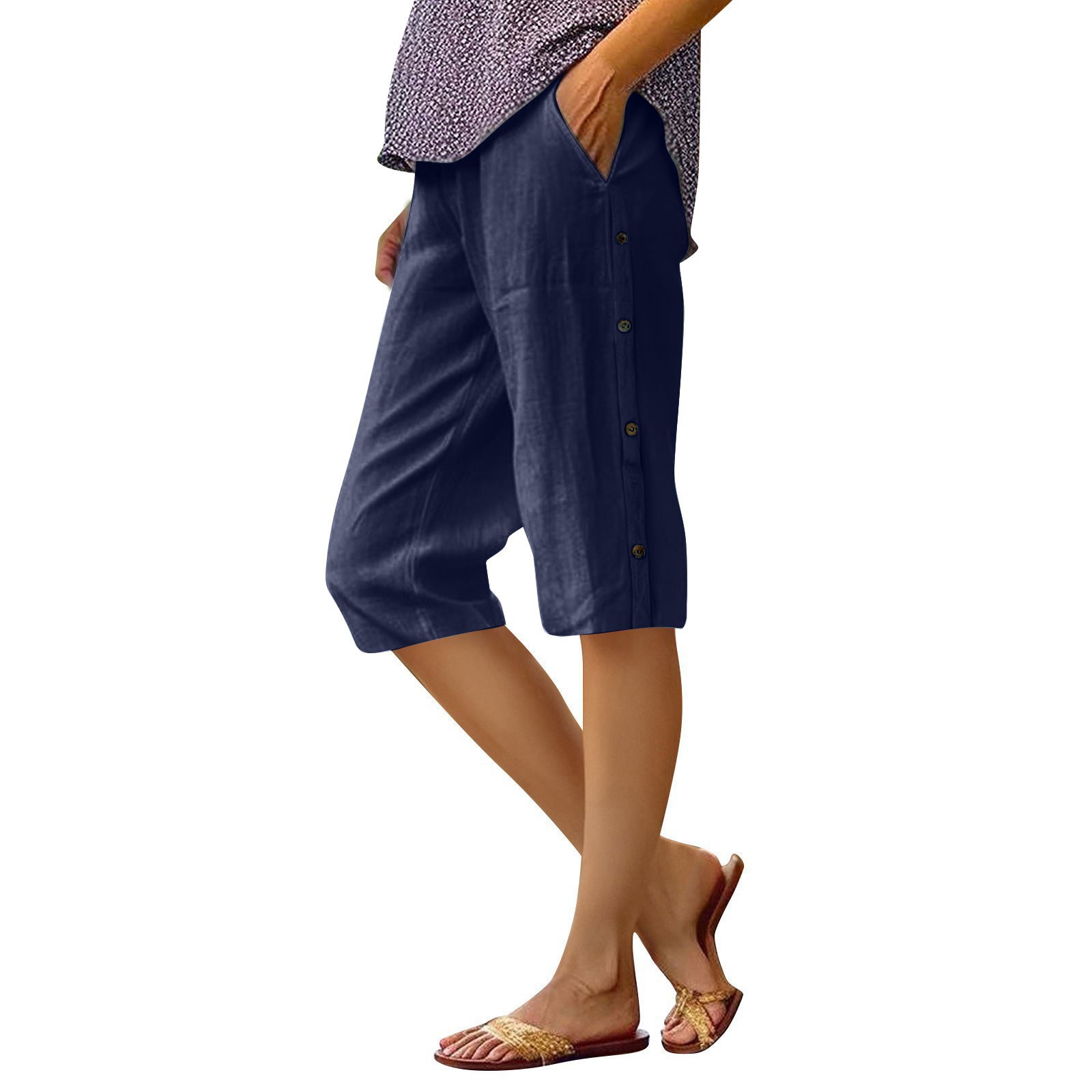 Cotton-Linen Cropped Pants with Side Button Detail and Pockets