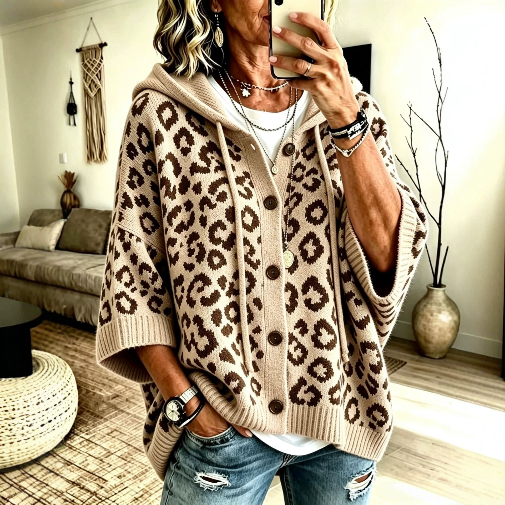 Leopard Print Button-Up Hooded Knit Cardigan Sweater