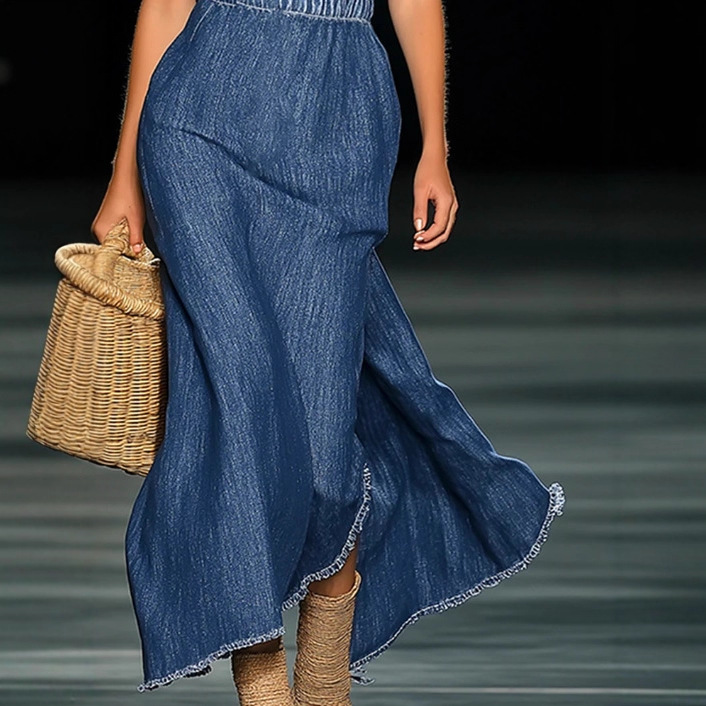 Elegant Strapless Denim 3D Floral Long Dress