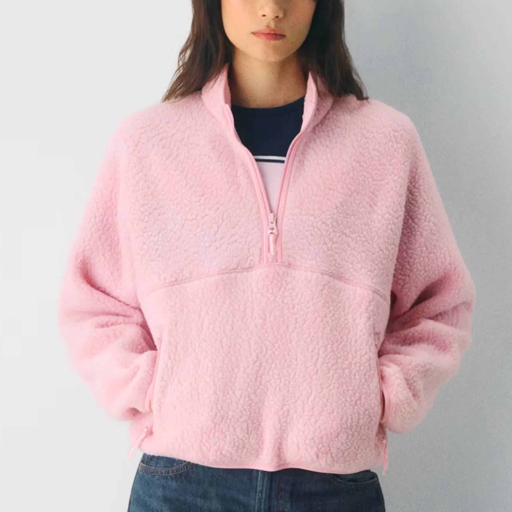 Women's Retro Fleece Half-Zip Pullover Sweatshirt Solid Stand Collar
