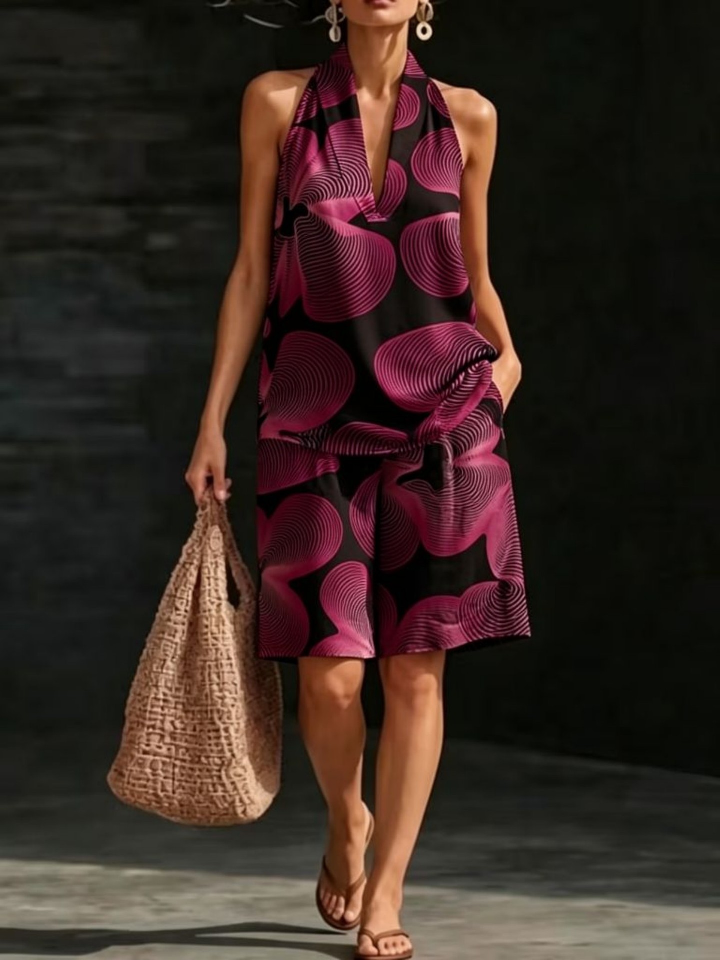 Retro Floral Print Sleeveless Halter Vest Set for Women