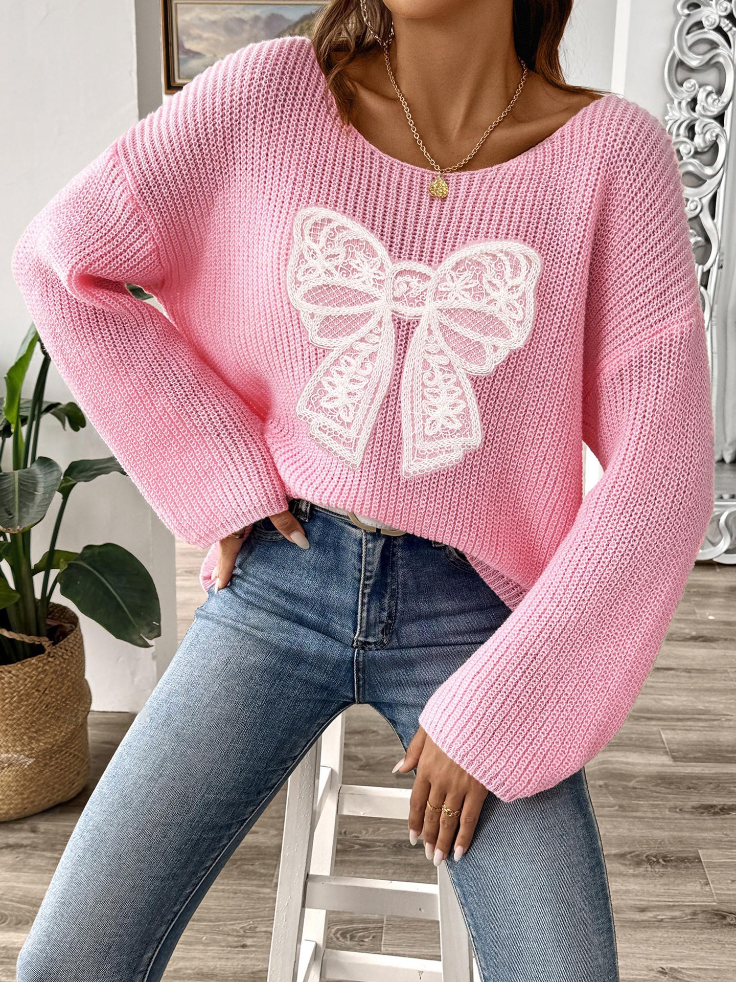 Women's Bow Embroidered Off-Shoulder Bell Sleeve Sweater