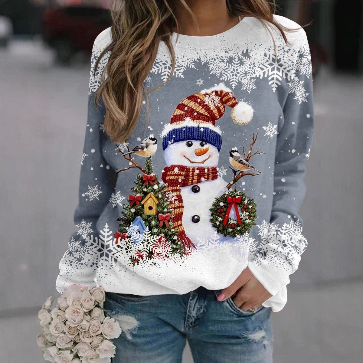 Women's Christmas Snowman Snowflake Print Crewneck Sweatshirt