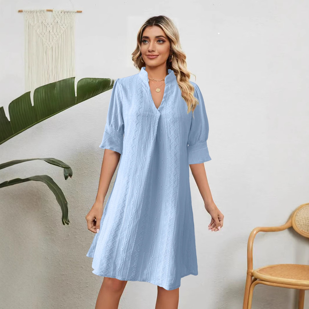 Women's V-Neck Half-Sleeve Pleated Solid Dress