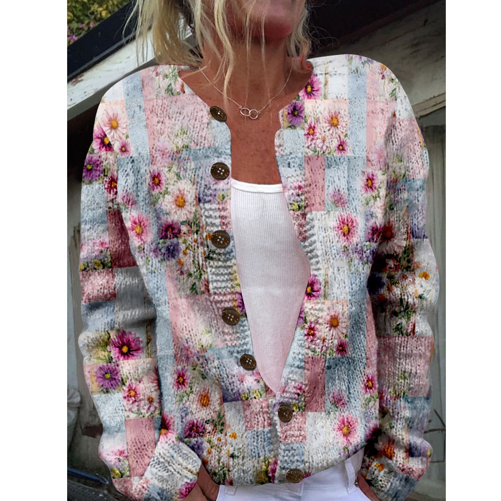 Women's Plaid Floral Print Button-Down Cardigan Sweater