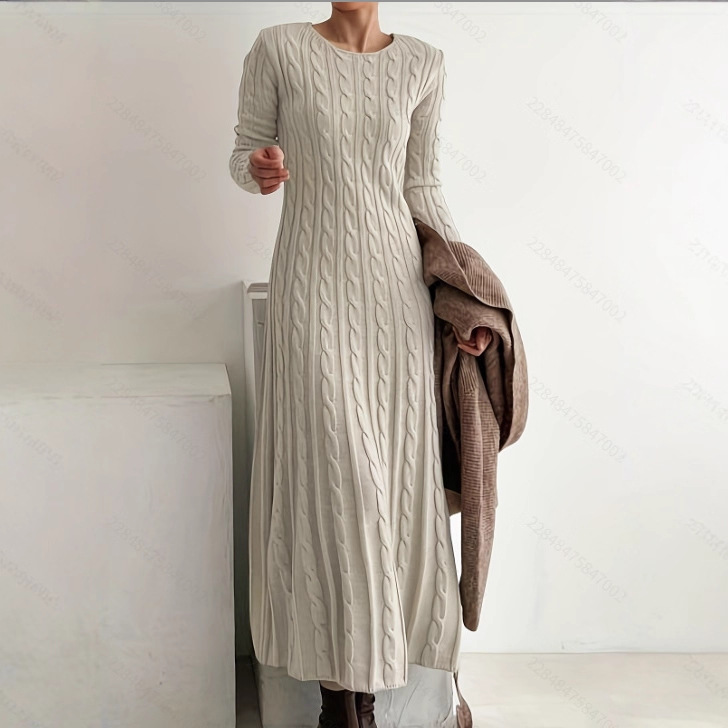 Slim Fit Cable Knit Sweater Dress Crew Neck Long A-Line Pullover