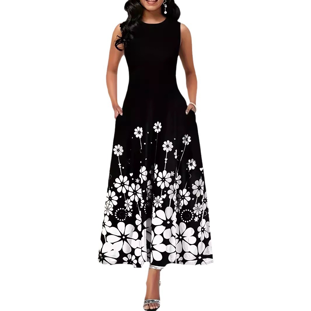 Women's Sleeveless Floral Print Loose Round Neck Casual Dress